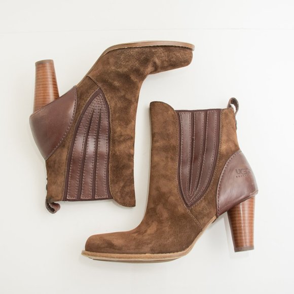 UGG Brown Suede Heeled Boots with Sherpa Lining - Picture 2 of 8